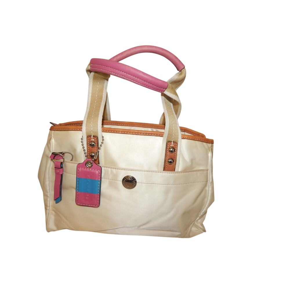 COACH Hampton White & Tan Double Handles Satin Satchel 11992 Y2K